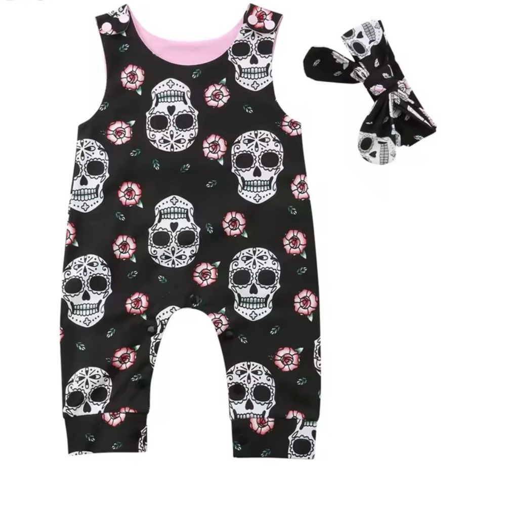 New Skull Romper with Headband, Black & Pink Floral Toddler girl 18 months